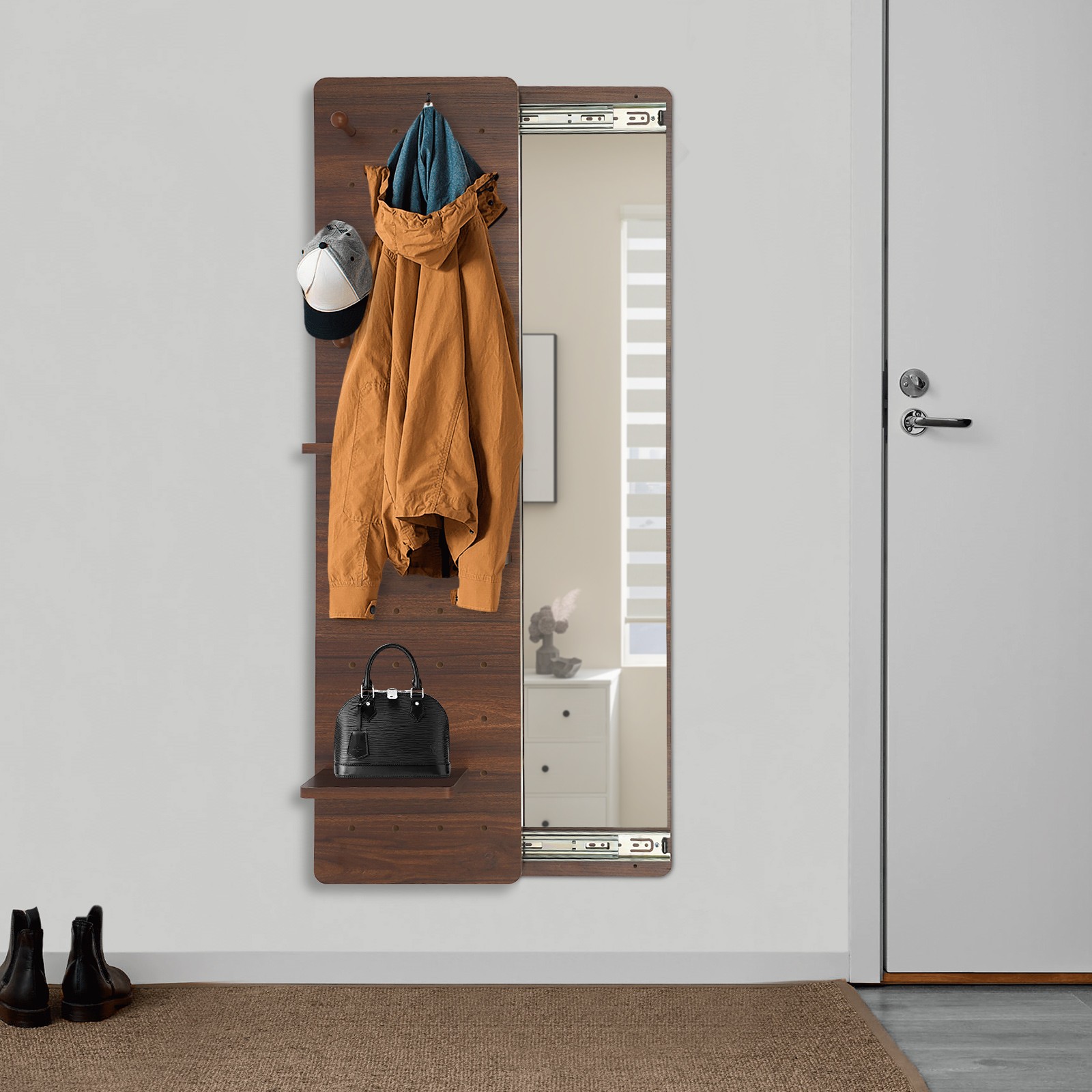 Walnut Wall-Mounted Full-Length Mirror With Pegboard, 3 Shelves & 6 Hooks
