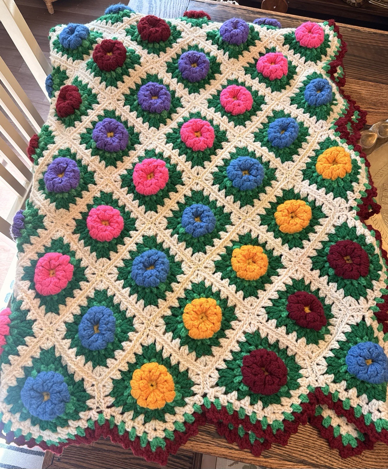 Vintage handmade crochet 3D flower afghan blanket 58×58