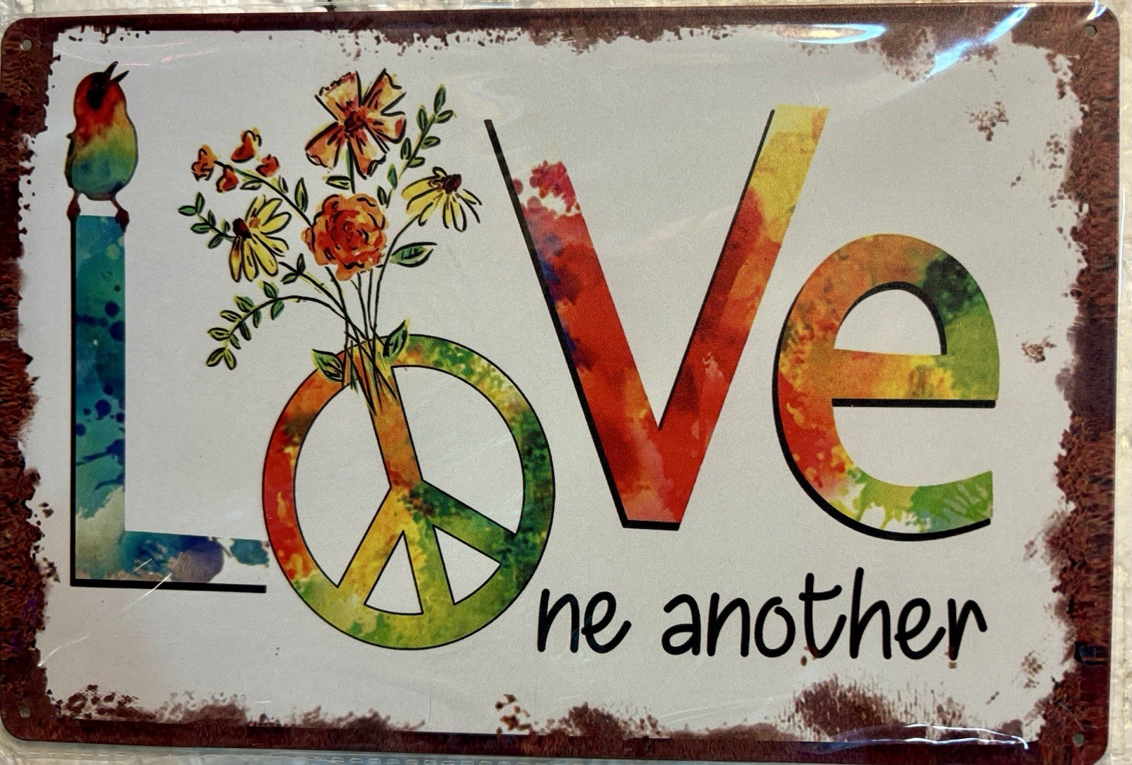 TIN SIGN 8×12 Love Peace Sign Hippie Flowers Birds Nature Colors Happiness DD19
