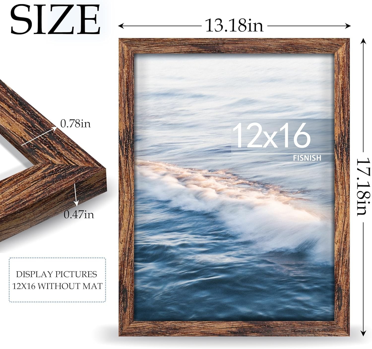 12×16 Picture Frame Brown, for Horizontal or Vertical Wall Mounting, 1 Pack