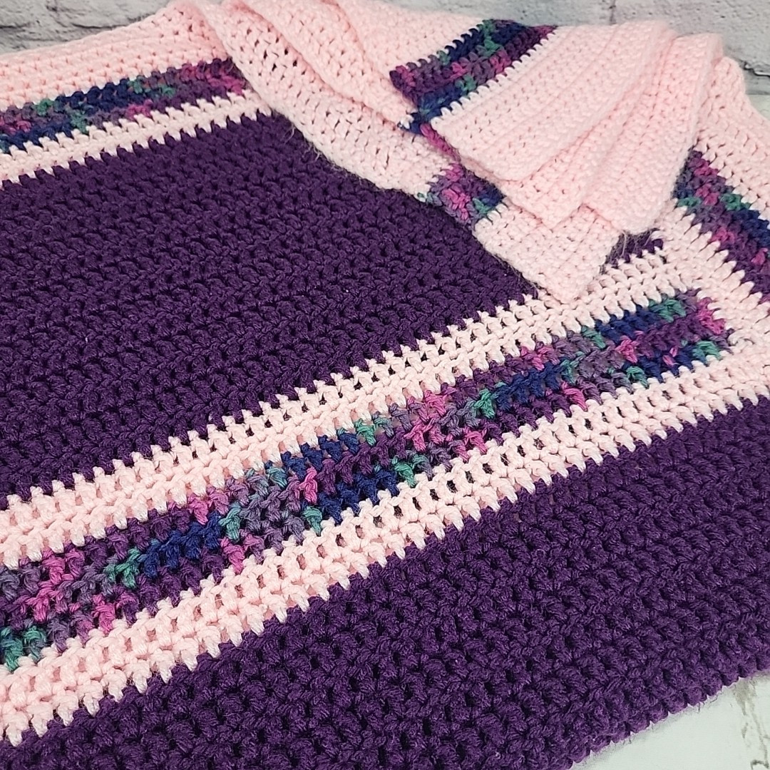Vintage Handmade Afghan Blanket Pink Purple Striped Grannycore Throw 44″ X 50″