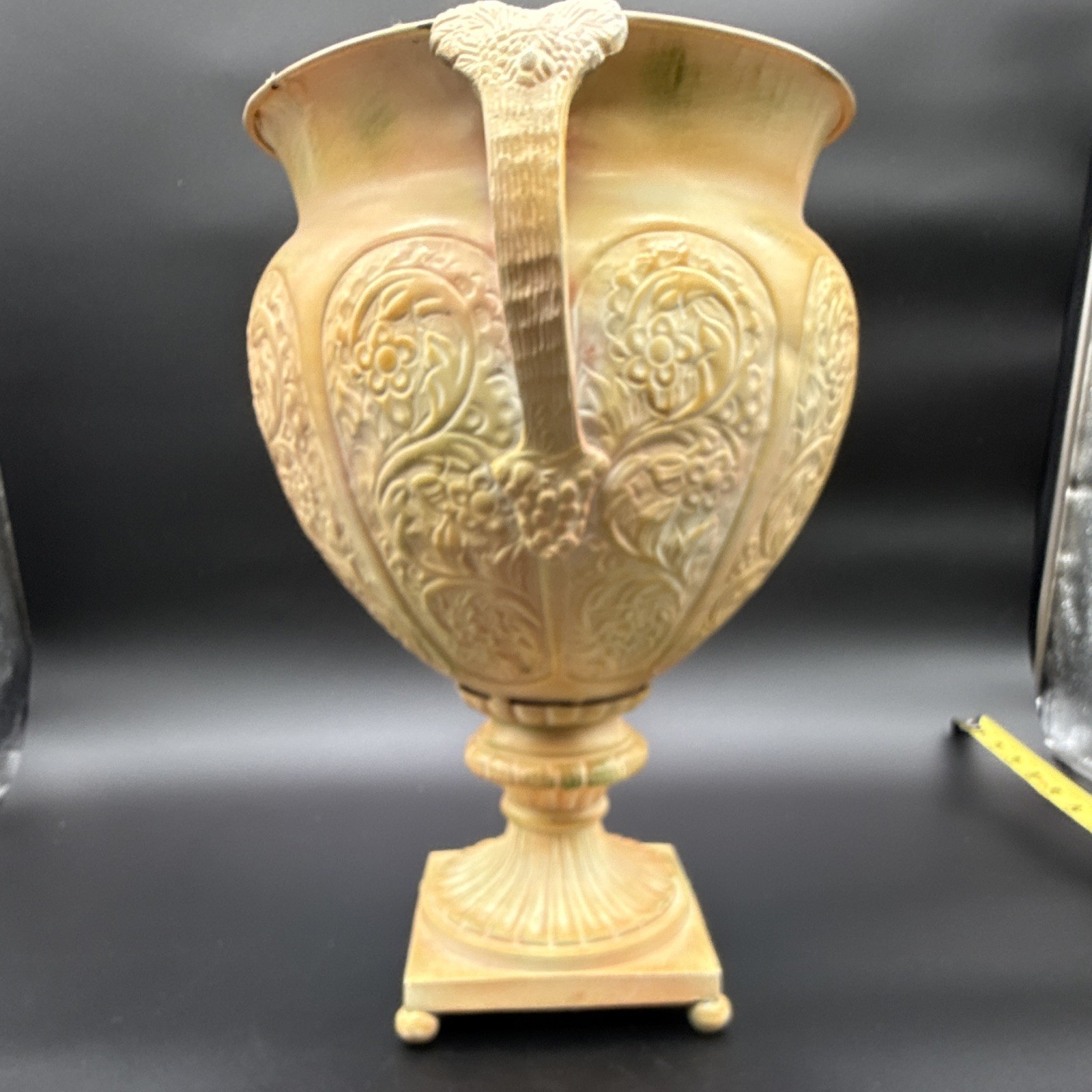 Beige Resin Floral Urn Vase w/ Handles Pedestal Base 13 in MPN 8825