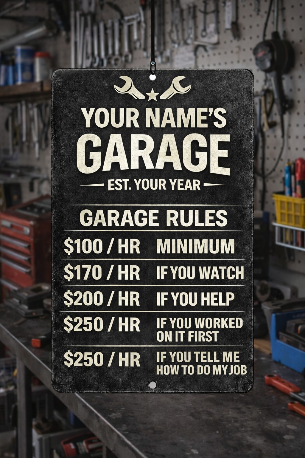 Personalized Garage Sign With Name Custom Mechanic Hourly Rate Funny Metal Man C