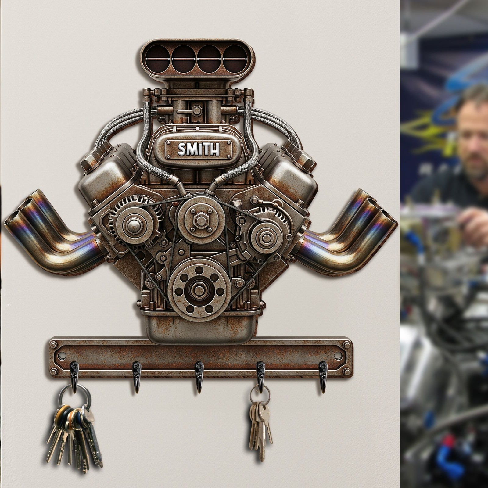 Drag Racing Engine Key Hanger – Personalized Gift For Biker, Fathers Day