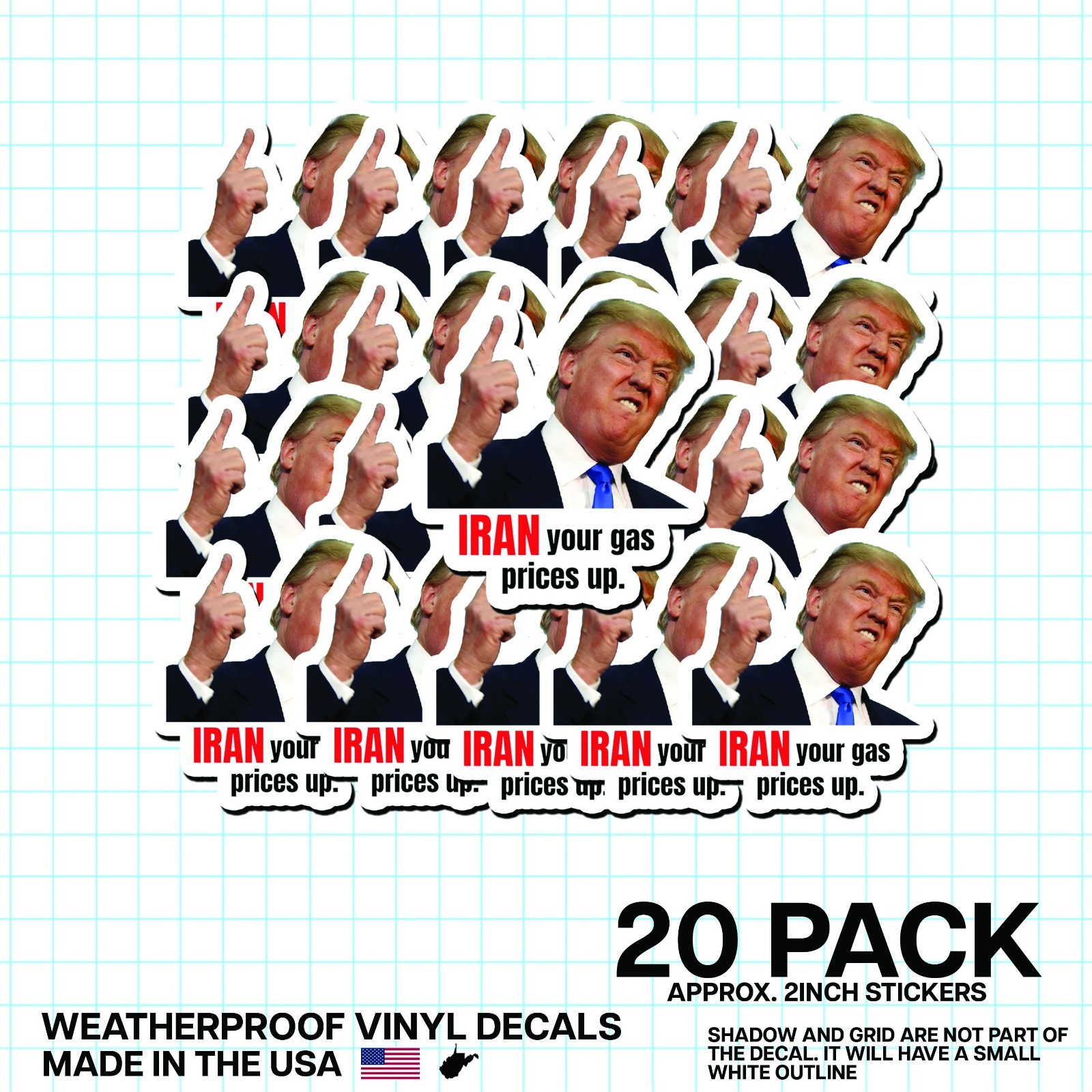 Trump “Iran Prices Up” Sticker 20 Pack Funny Gas Meme Political Decal 2″