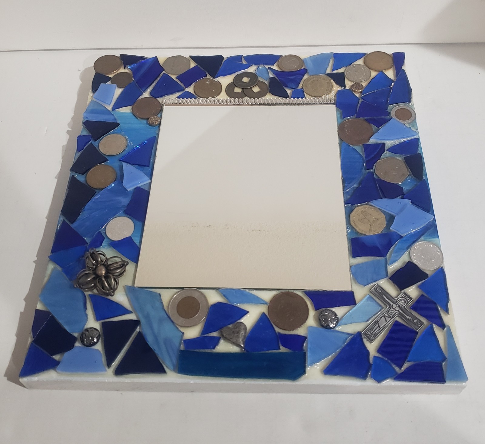Handcrafted Blue Glass Mosaic Mirror Wood Frame Inlaid With Rare Coins & Emblems