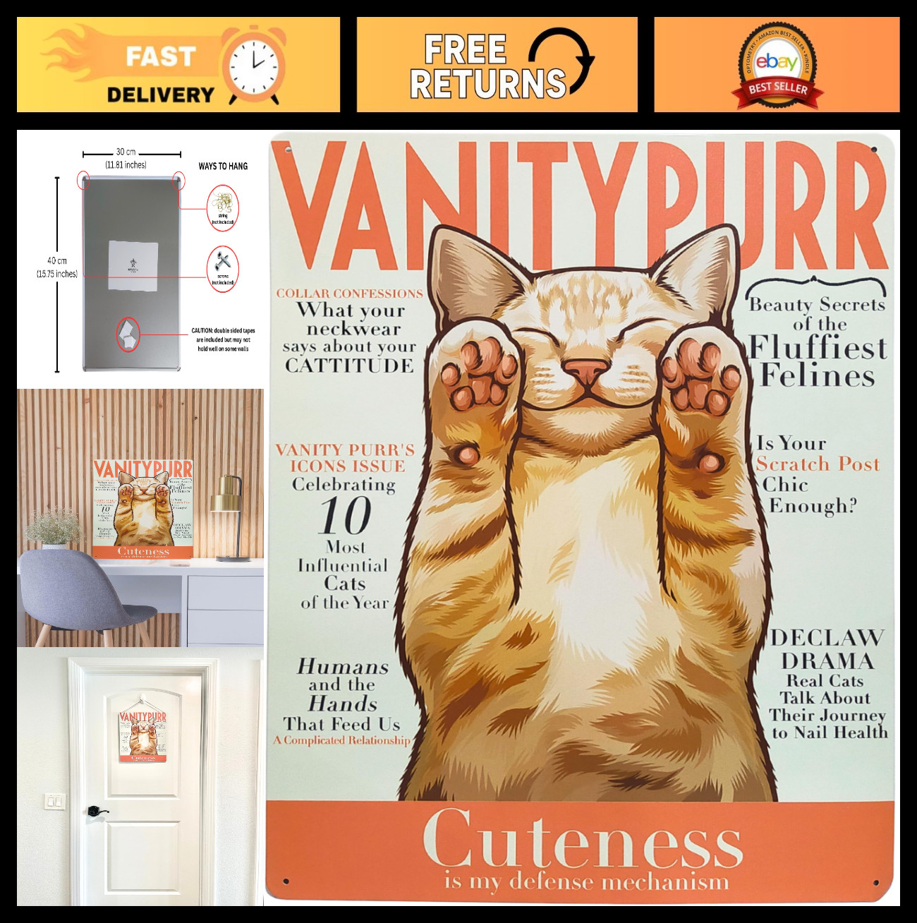 Funny Orange Tabby Cat Metal Sign – 16″x12″ Wall Decor for Cat Lovers, Unique Ba