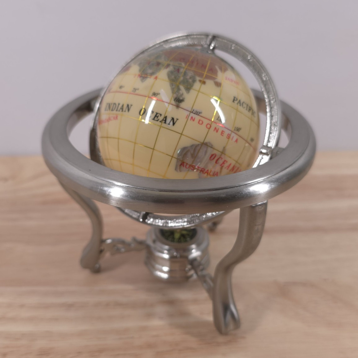 Inlaid Gemstone Tabletop World Globe Silver Tone Rotating Stand w/Compass 6″