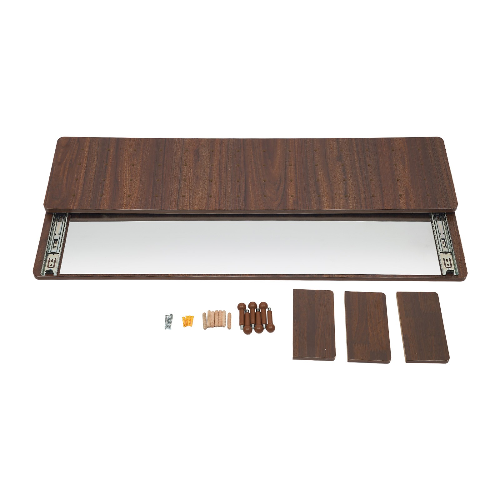 Walnut Wall-Mounted Full-Length Mirror With Pegboard, 3 Shelves & 6 Hooks