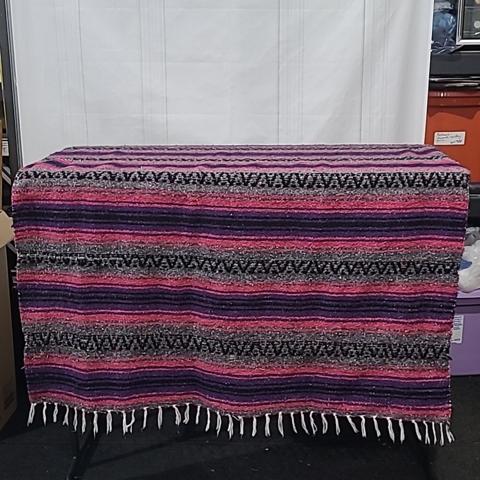 Artesanias Mikey Mexican Throw Blanket Woven Pink Purple Black White 48″ x 75″