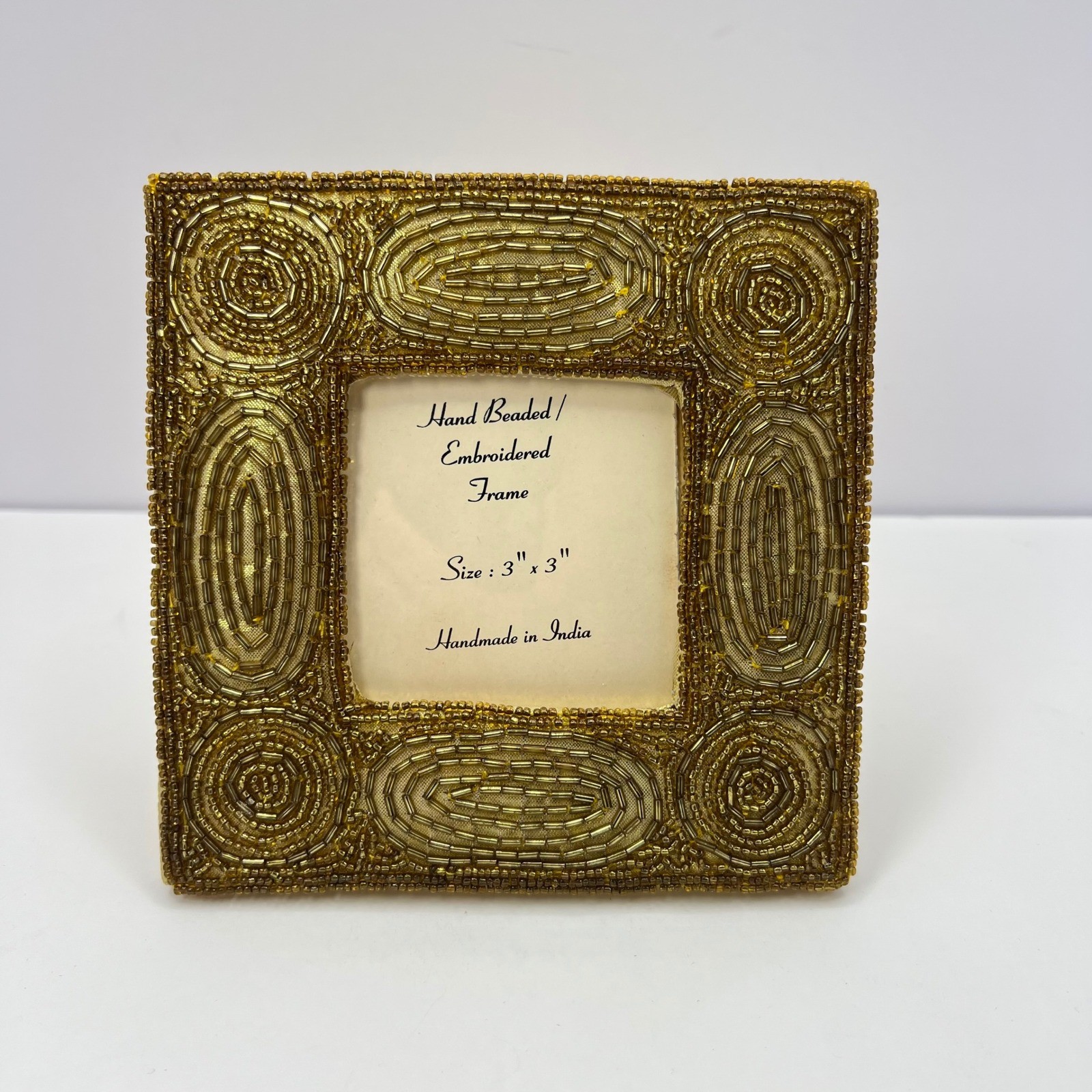 Vintage Bronze Yellow Beaded Picture Frame 3×3 Hand Embroidered India Ornate