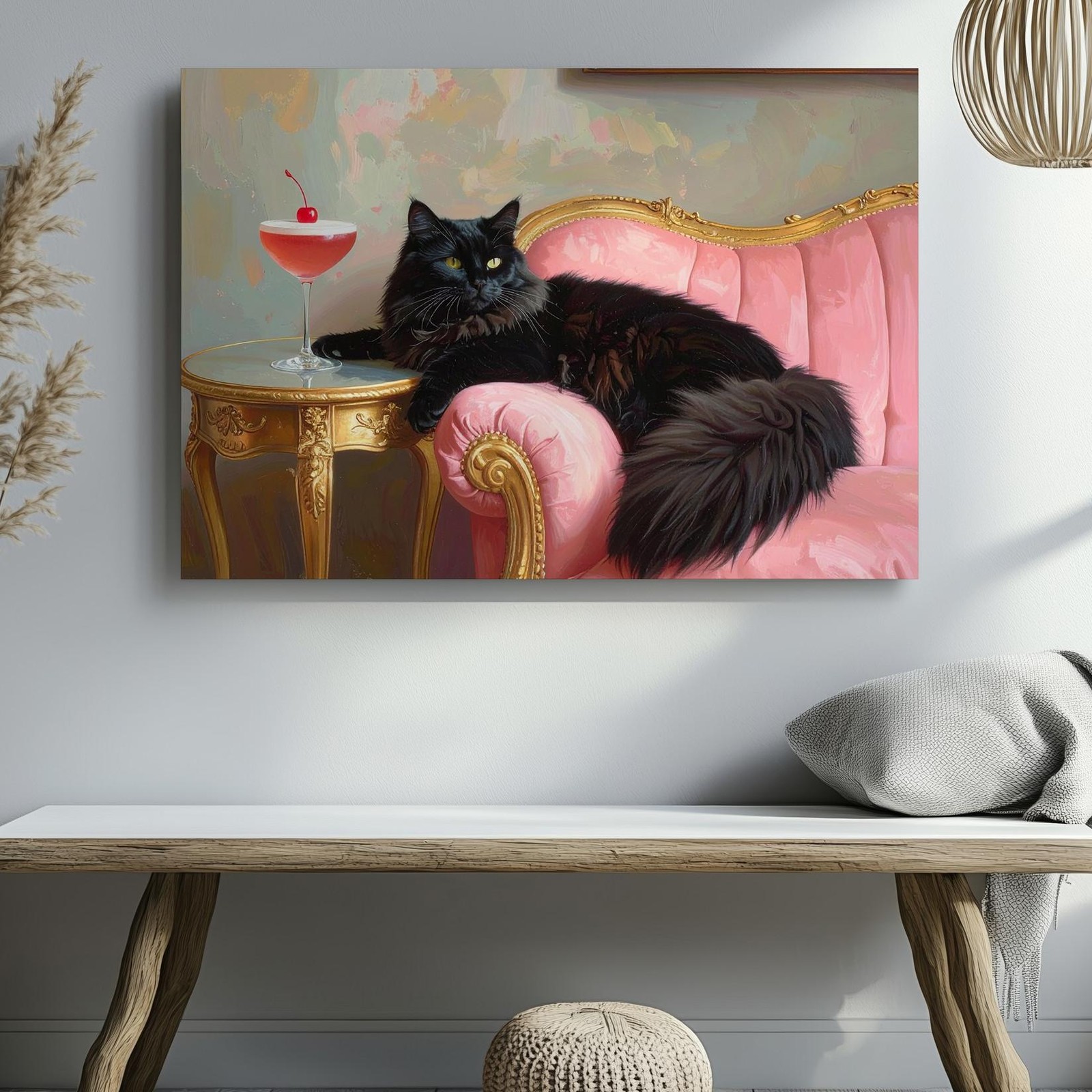 Velvet Throne Cat Canvasregal Black Feline On Pink Chaise With Cocktail Wall Art