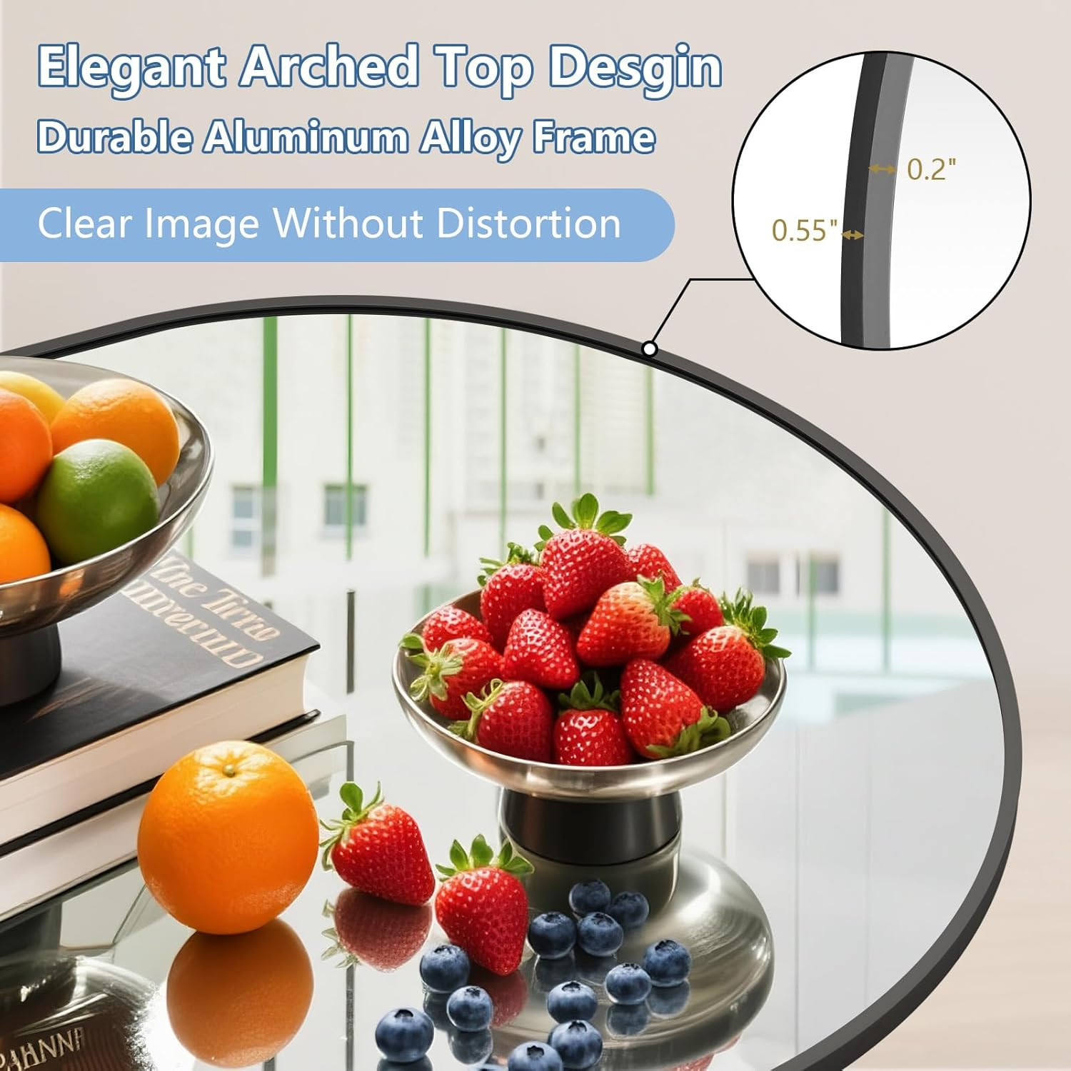 72″ Extra Large Arch Floor Mirror – Black Glass & Aluminum Frame