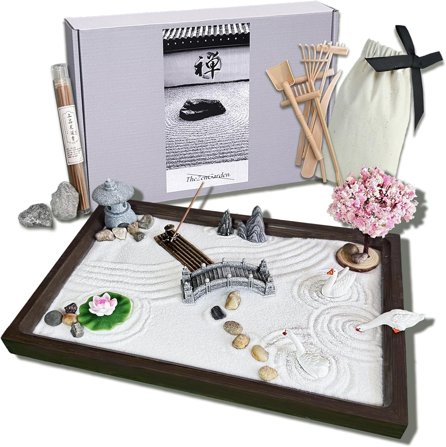 Zen Garden Kit for Desk Meditation Stress Relief Natural Elements Art Decor