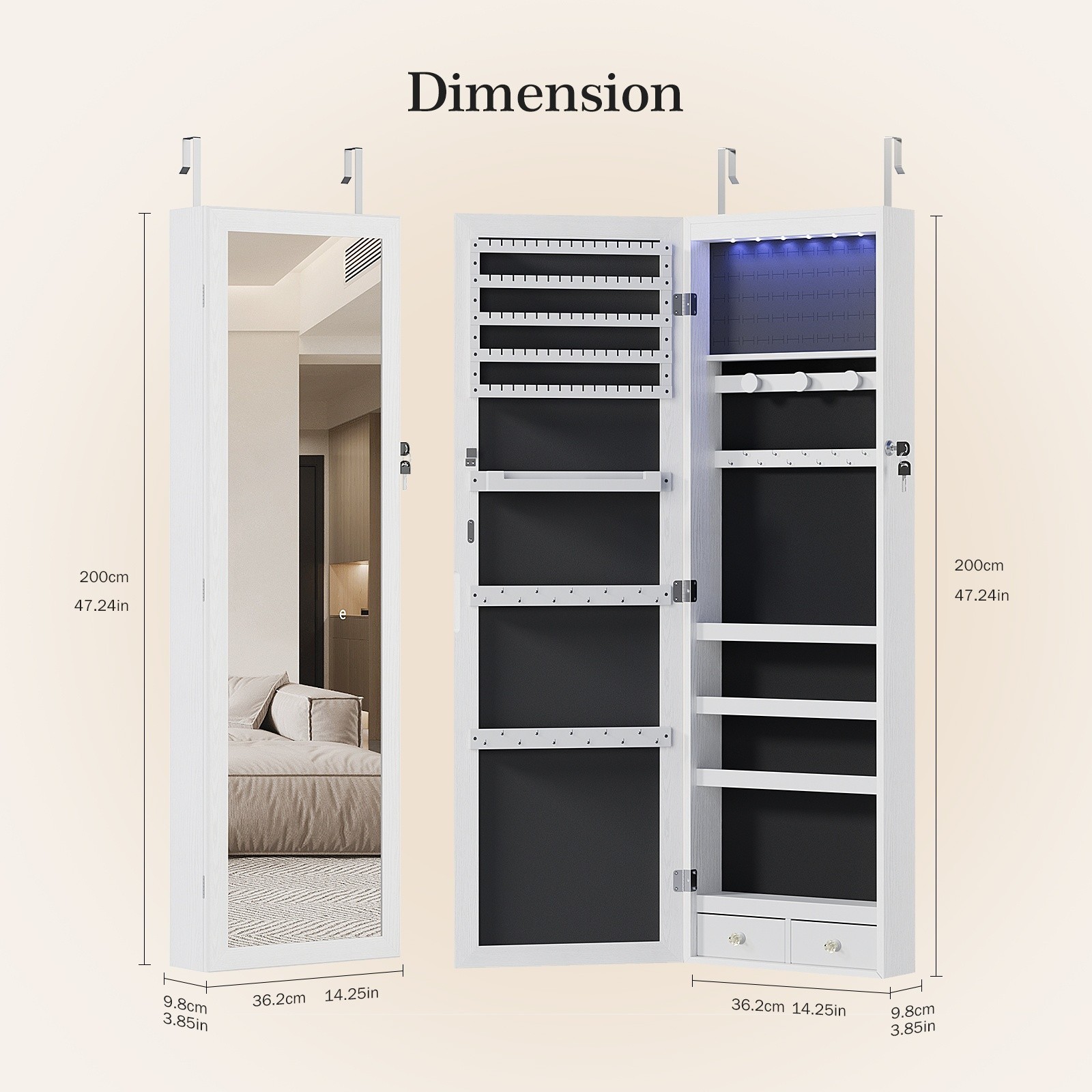 Full-Length Mirror Jewelry Armoires, 6 LED Lights, Wall Door Mounted