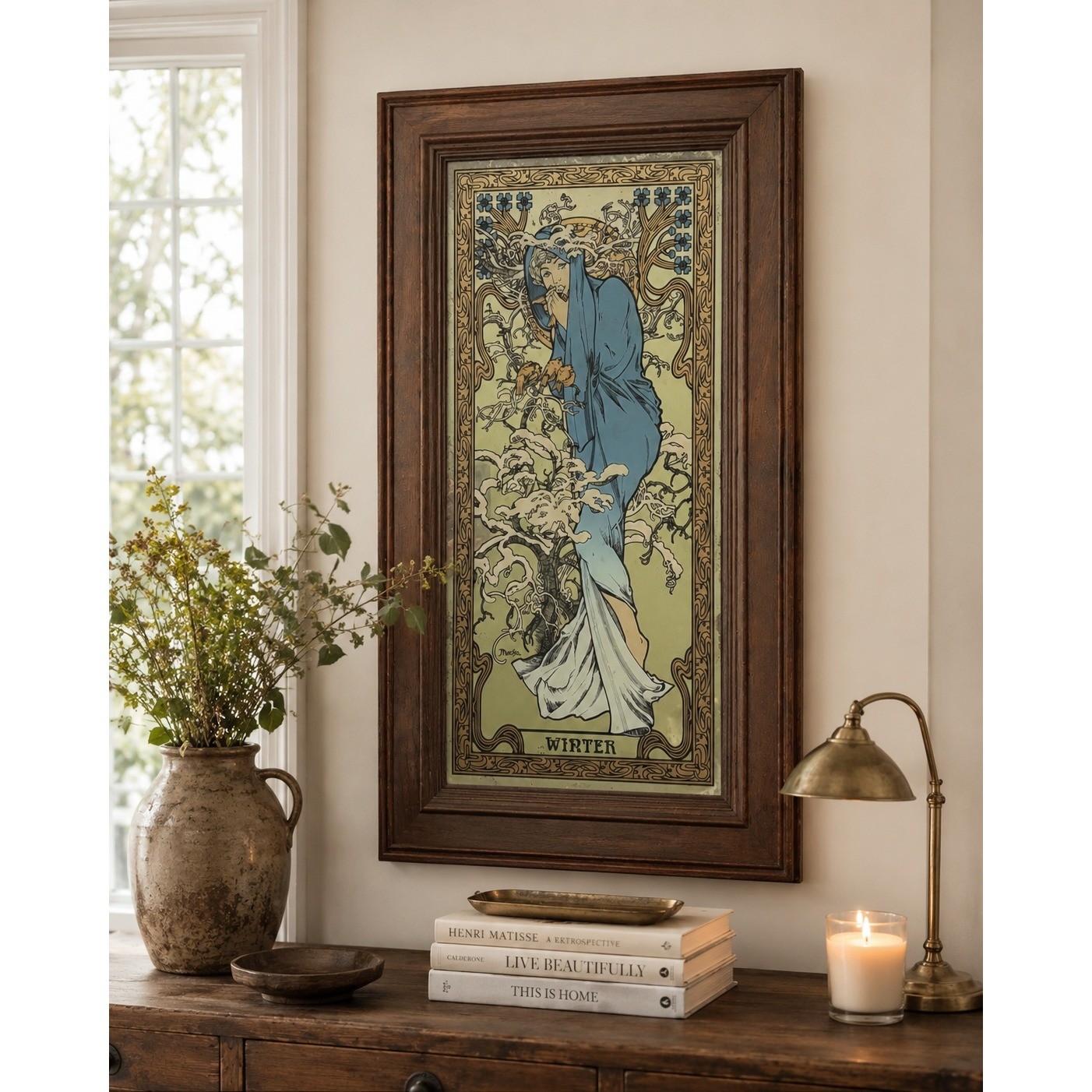 Vtg Alphonse Mucha Winter Art Nouveau Framed Mirror Art Wood Frame Art Deco