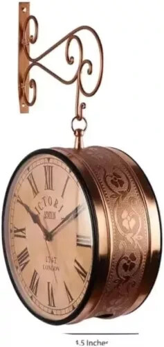 Vintage Bronze Double Sided Railway Station Roman Number Hanging Wall Clock Deco