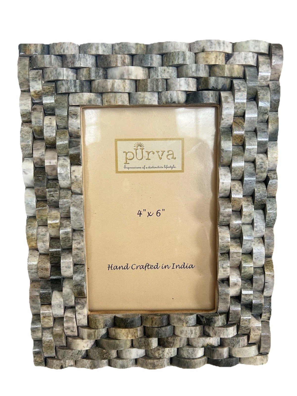 Purva Handcrafted Horn Bone Inlay Picture Frame 4×6 Basketweave Gray Mosaic Boho