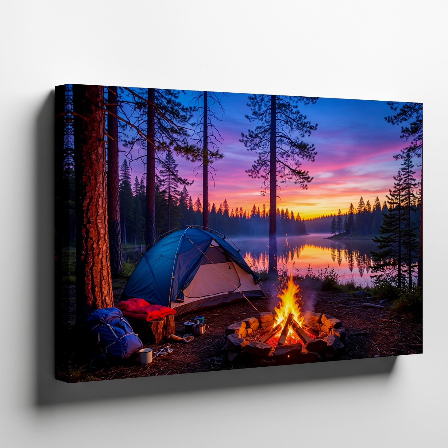 Camping scene canvas wall art with campfire lake sunset pine trees nature print