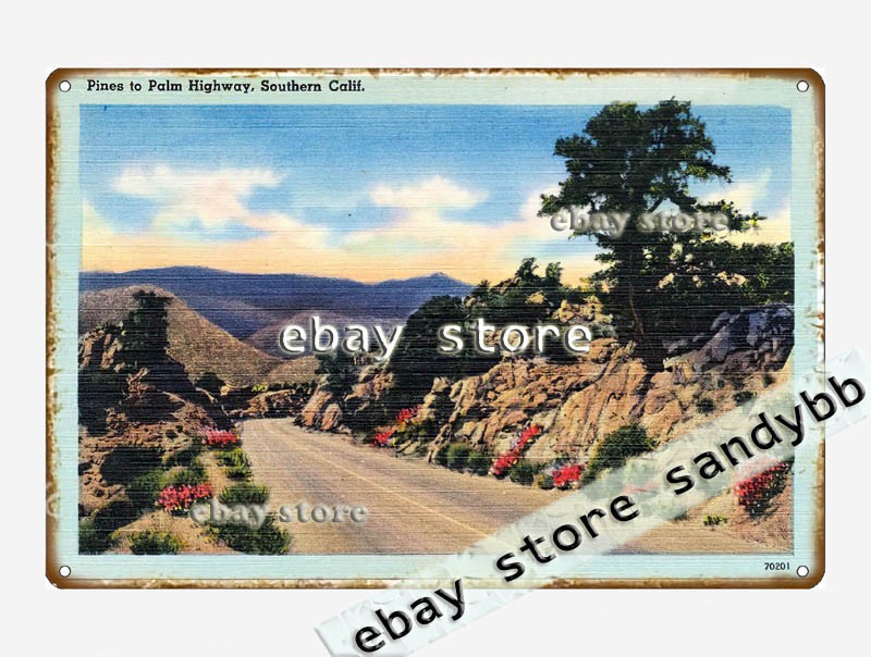 1930-45 Pines to Palm Highway, Southern California tin sign office wall plaque