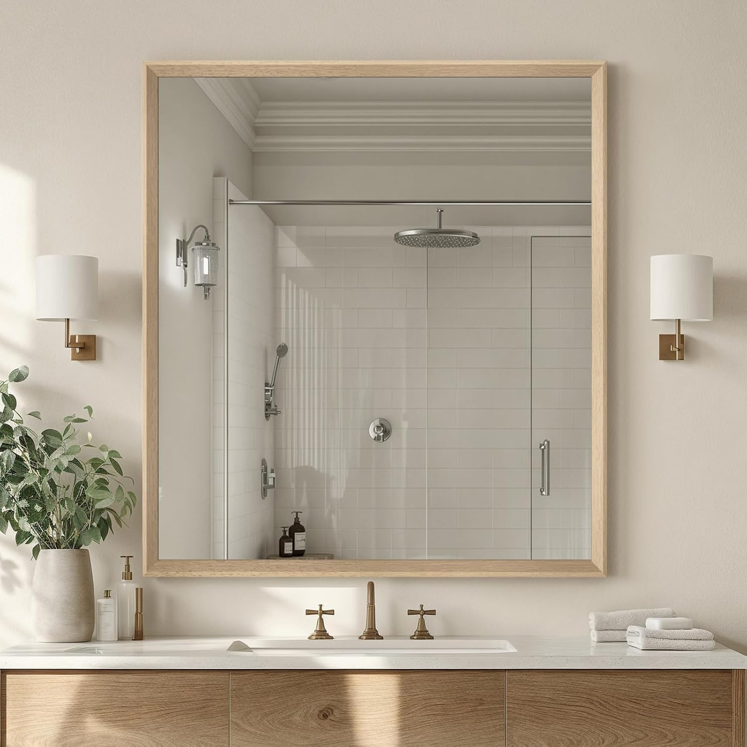 Oak Wood Effect Wall Mirror 36×40, Anti-Desilvering, HD Reflection, Easy Setup