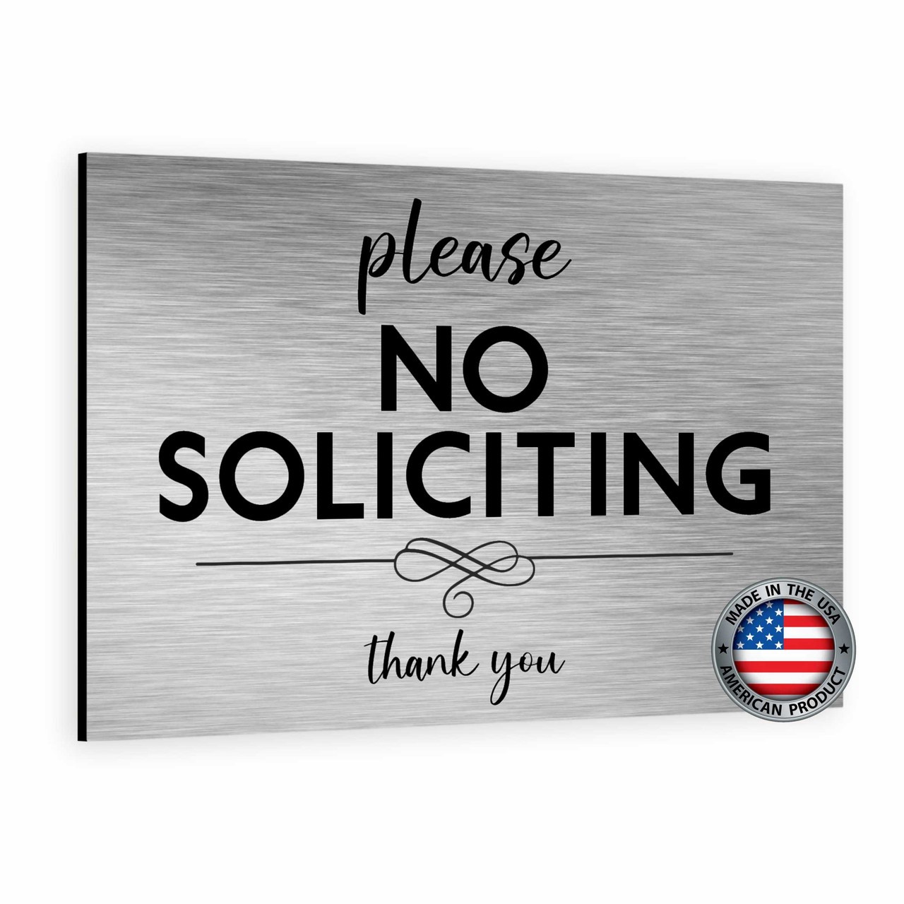 No Soliciting Sign For Front Entry Door – Brushed Aluminum Finish With Black