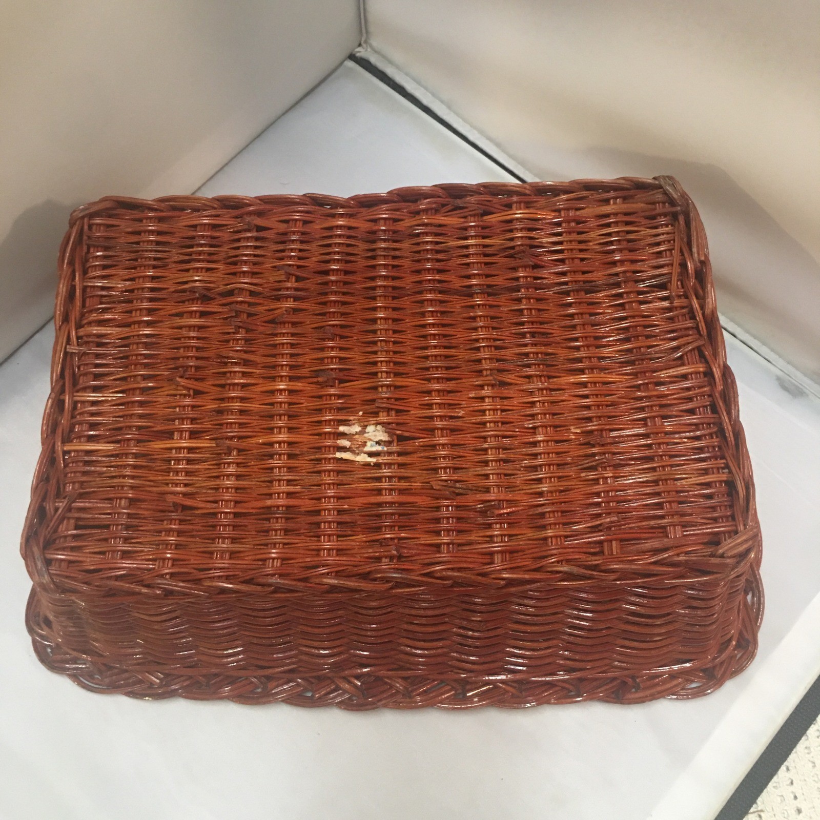 Woven Wicker Storage Basket Medium Brown Braided Rim Rectangular Cottagecore