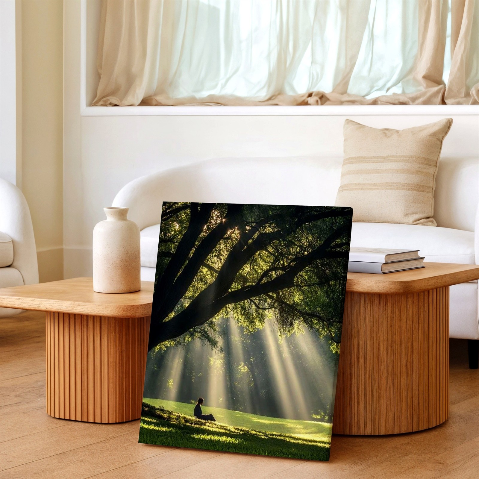 Wall Art Sun Rays Through Tree Forest Landscape Meditating Woman Nature Print