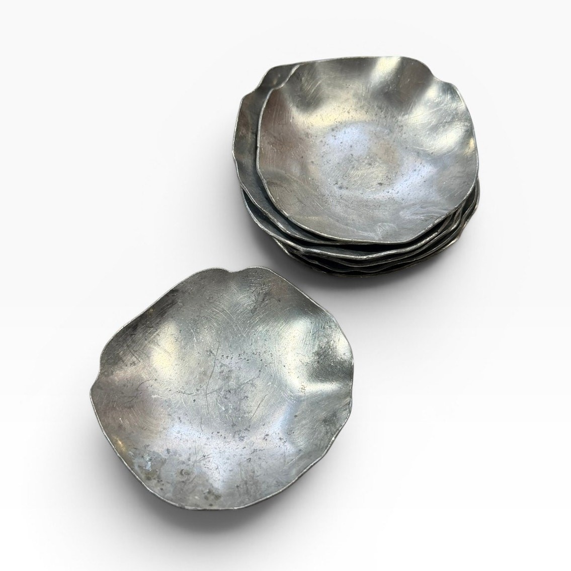 Vintage Set of 8 Silver Tone Metal Trinket Dishes, Scalloped Bowls