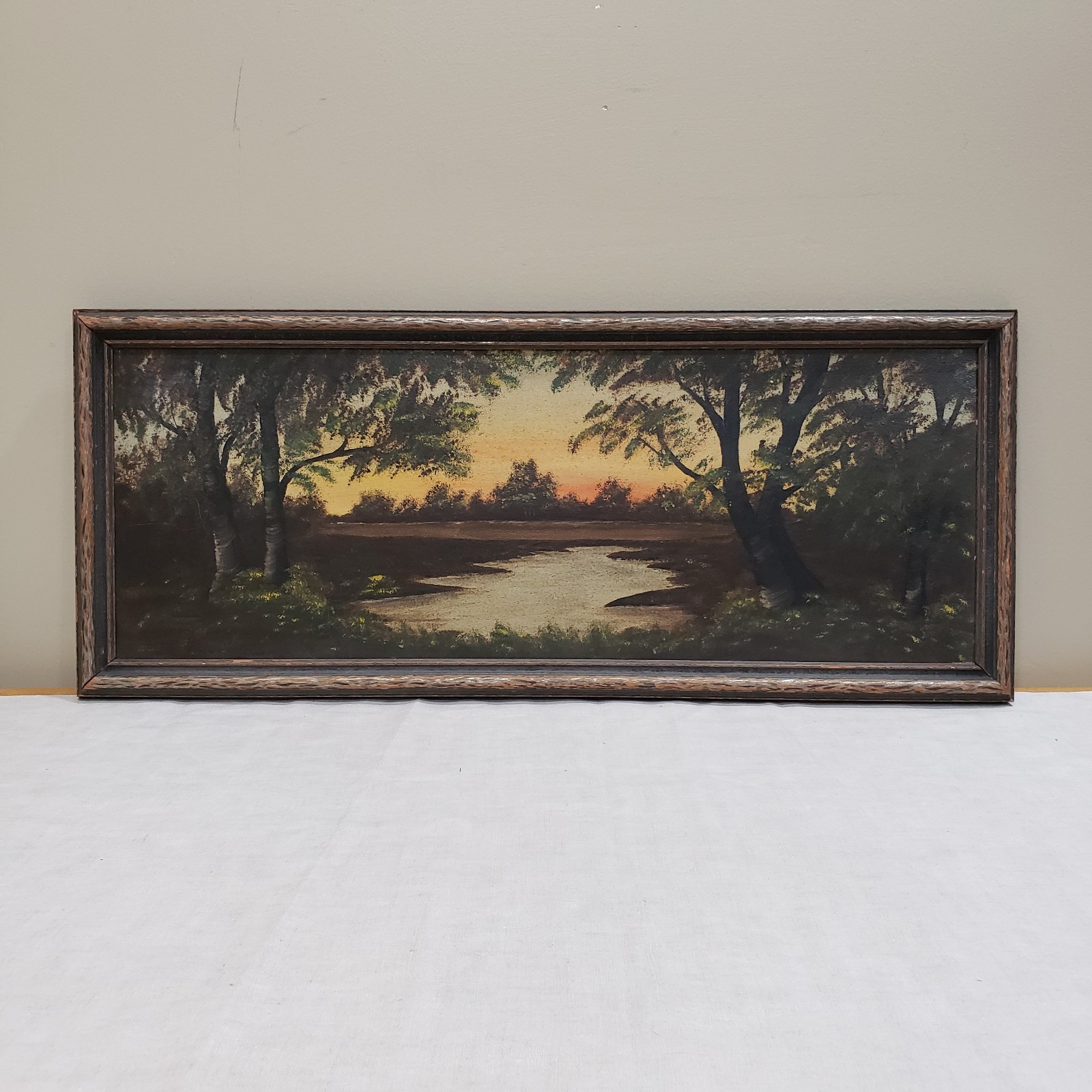 Vtg Landscape Oil Painting Print Framed Moody Sunset River Cabin Lake Wall Decor