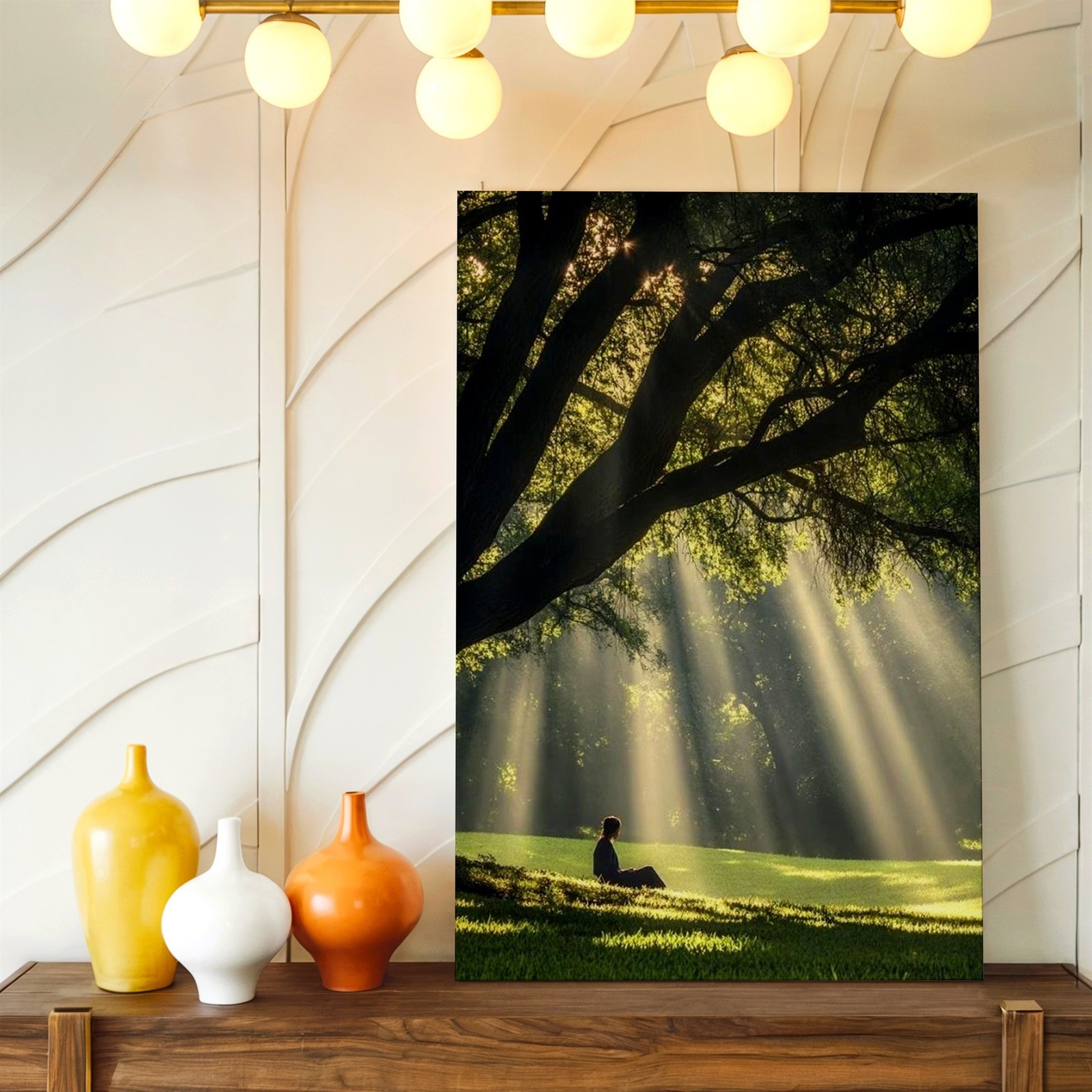 Wall Art Sun Rays Through Tree Forest Landscape Meditating Woman Nature Print
