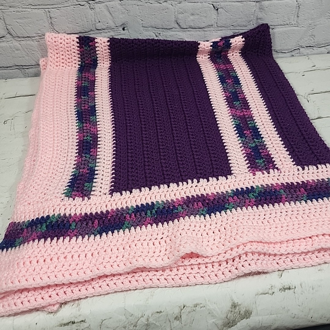 Vintage Handmade Afghan Blanket Pink Purple Striped Grannycore Throw 44″ X 50″