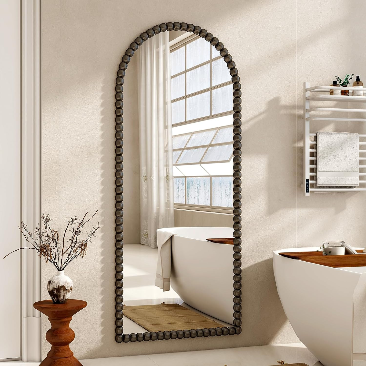 Antique Arched Full Length Mirror – Vintage Beaded Floor Mirror for Any Room