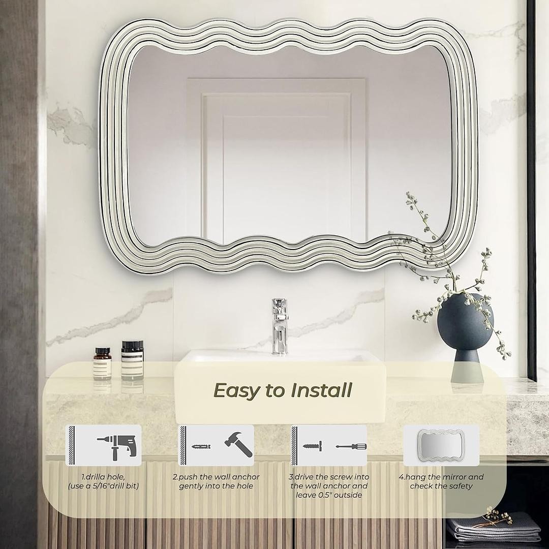 Wave Rectangle 36x24in Wall Mirror White and Stylish Suitable for Office Living