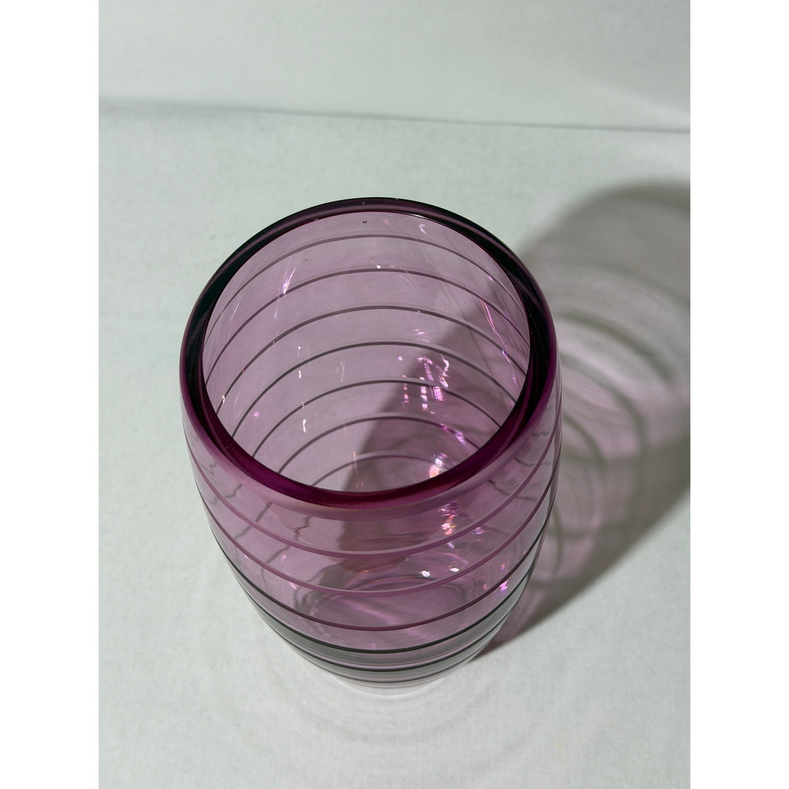Teleflora Purple Pink Glass Barrel Vase with Etched Frosted Horizontal Bands 8″