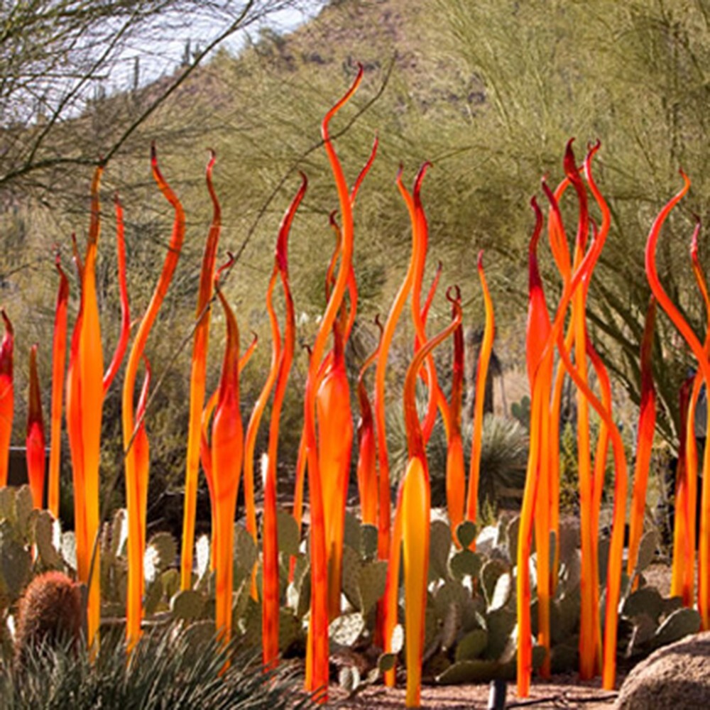 10pcs Handmade Blown Glass Art Spear Sculpture Orange for Garden Yard H36″-60″