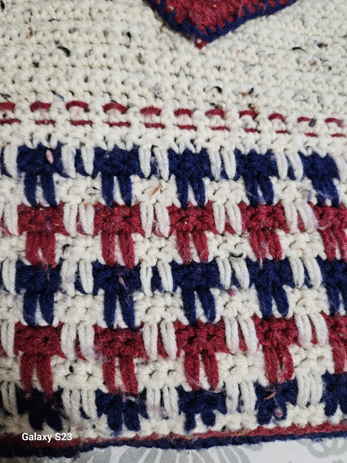 Afghan Handmade Crocheted Red White & Blue Approx 63″ X 80″ Read Description.