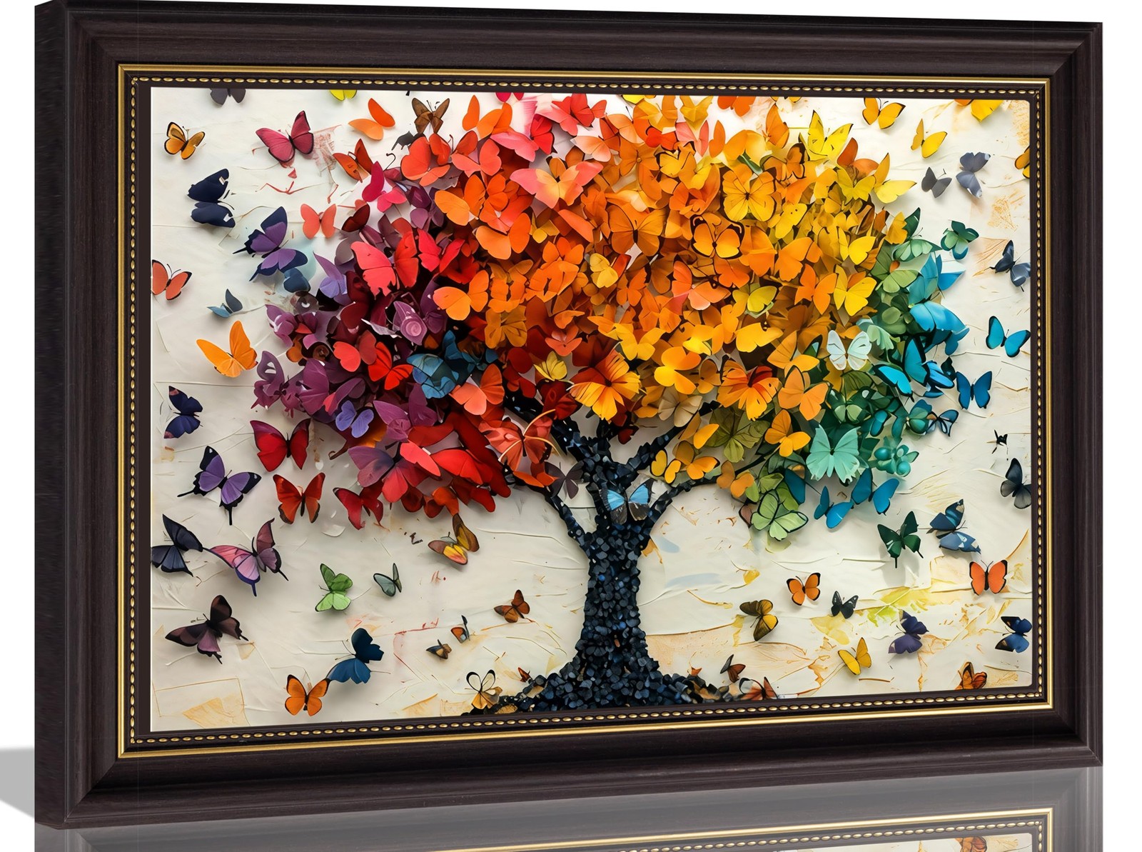 Vintage Dark Brown Framed Wall Art Colorful Butterfly Tree Painting Picture W…