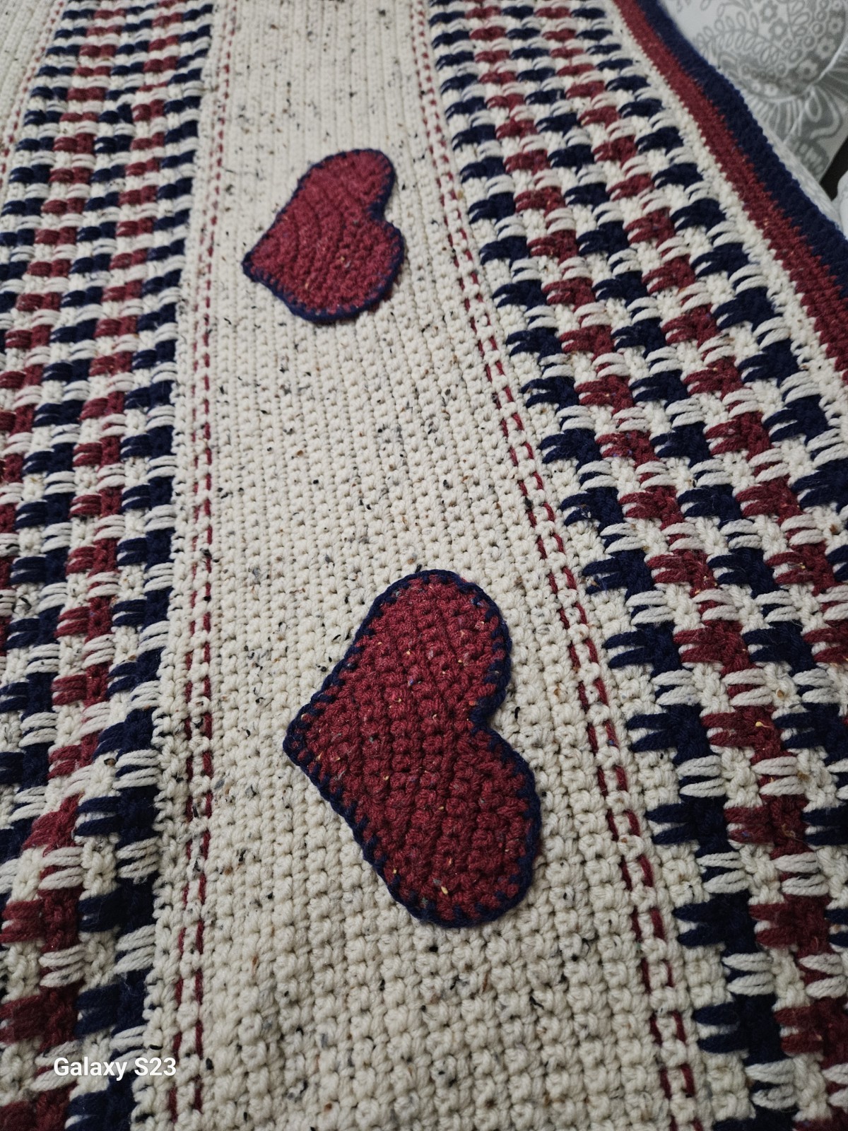 Afghan Handmade Crocheted Red White & Blue Approx 63″ X 80″ Read Description.