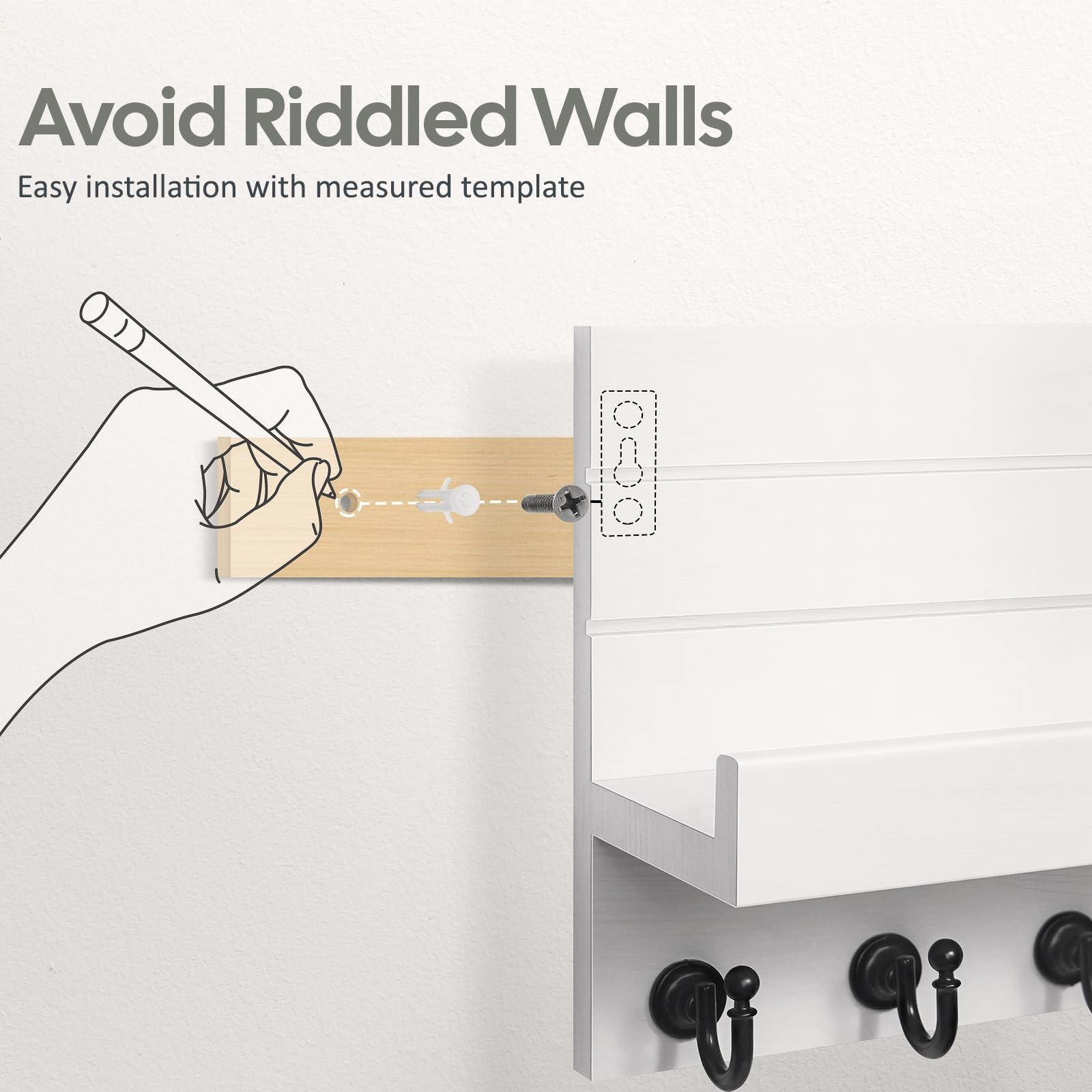 HONJIN Key Holder for Wall: Easy Installation 10 x 3.3 x 7.3 inches, White