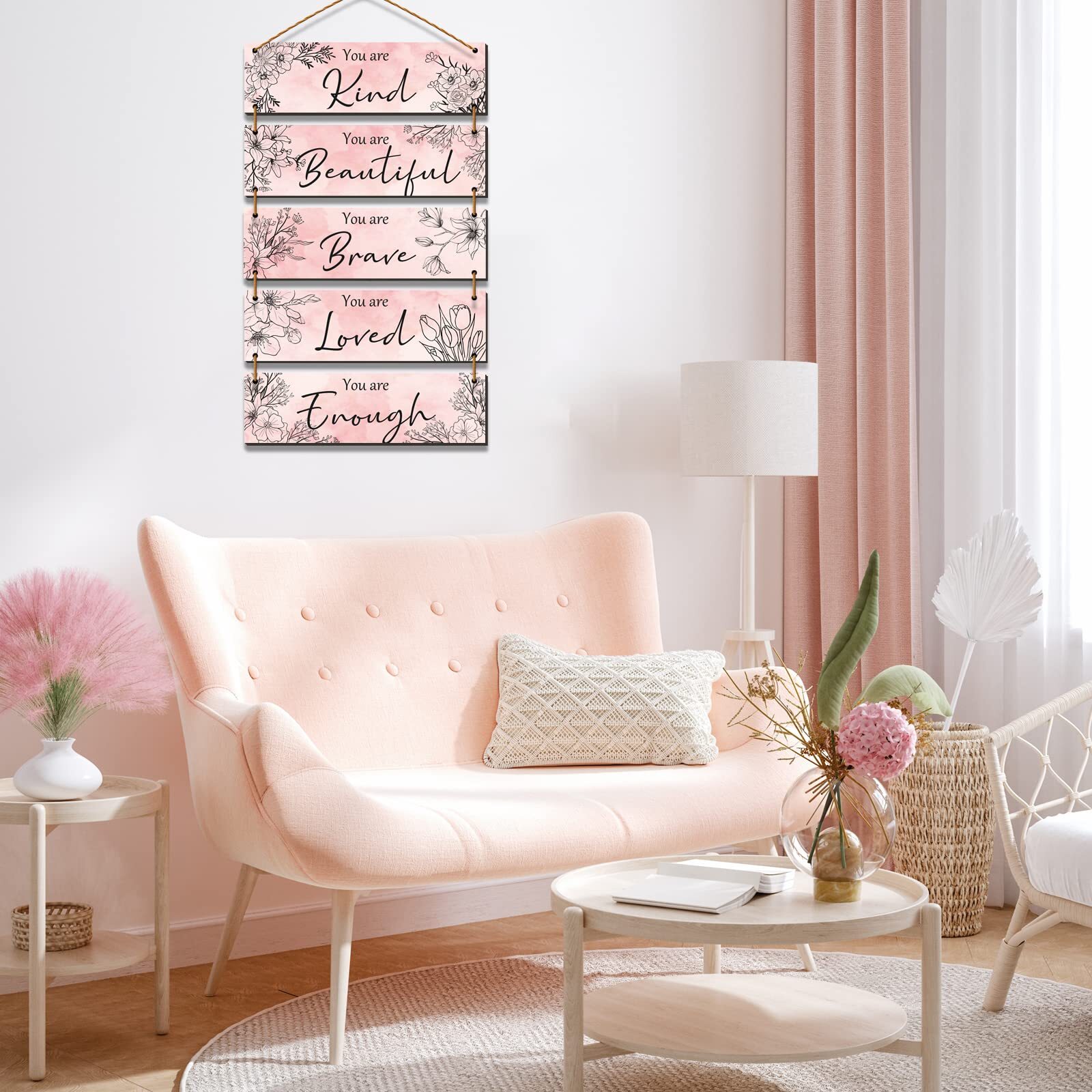 5 Pieces Pink Wall Decor for Girls Floral Wooden Wall Hanging Wall Art Teen W…