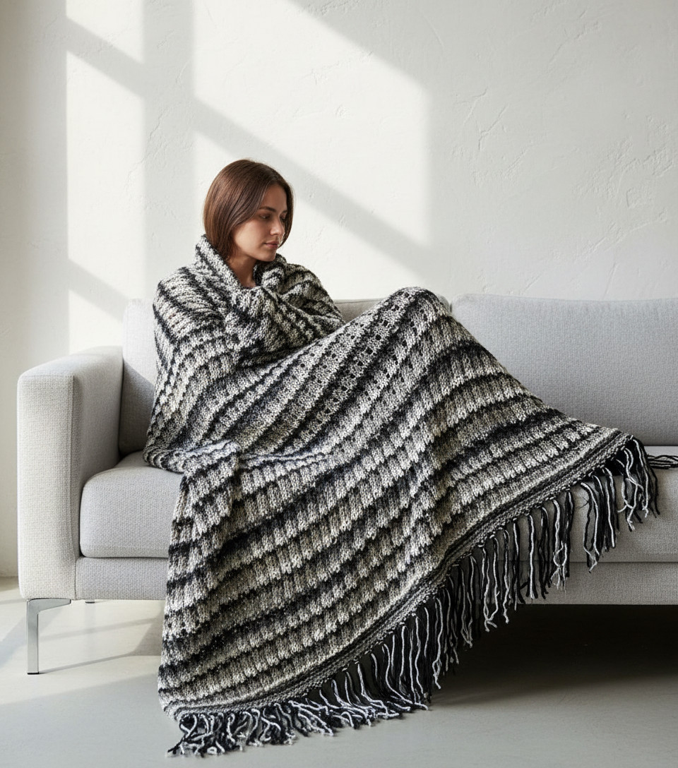 NEW Black White Gray Multi Handmade Knitted Afghan Throw Blanket Hand Knit Gift