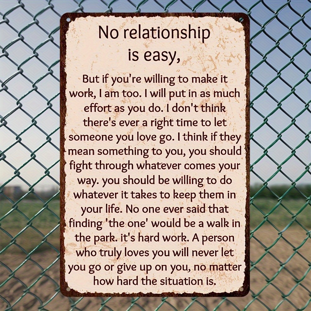 Vintage “No Relationship Is Easy” Metal Sign Romantic Love Quote Wall Decor Art