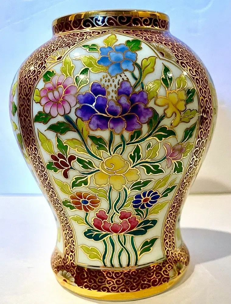 READ! Vintage Cloisonné-Style Illustrative Enamel Peony Gold Filigree Vase