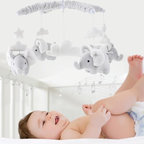 Crib Mobile with 12 Lullabies Soft Grey Elephant Nursery Decor