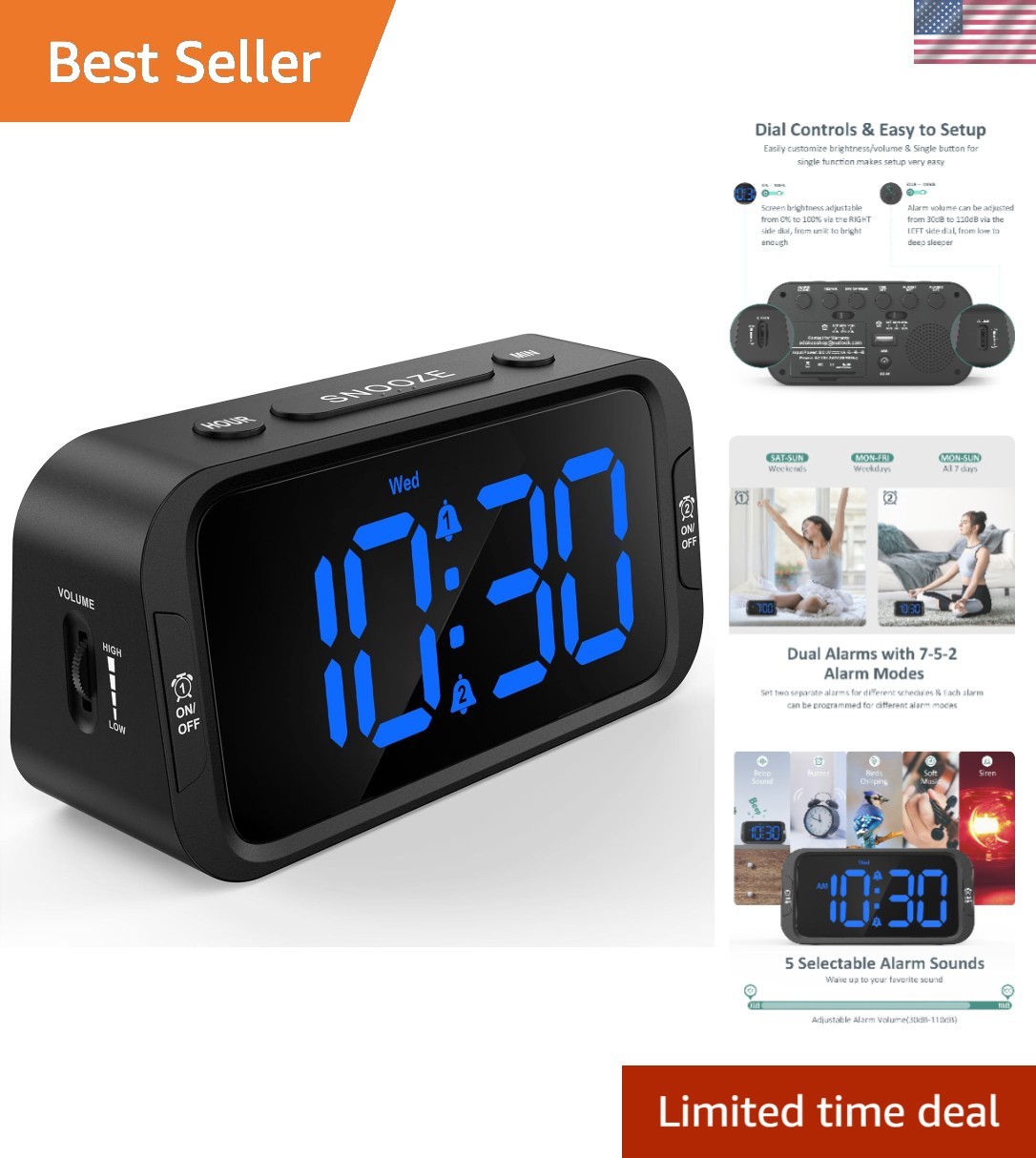 Digital Alarm Clock with Dual Alarms USB Charger Dimmer Snooze 12 24H
