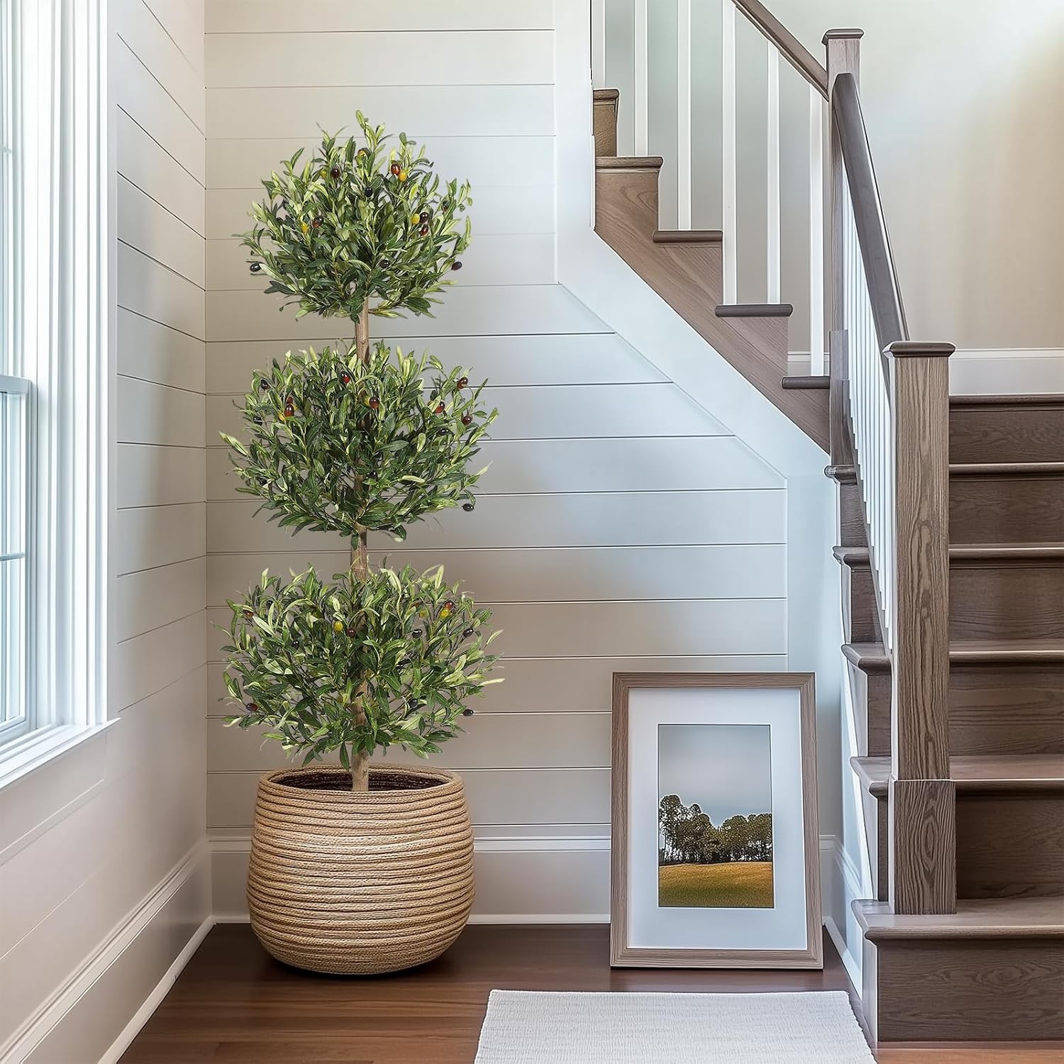 5 ft Artificial Olive Tree, Triple Ball Topiary Faux Plant with Moss & Pot
