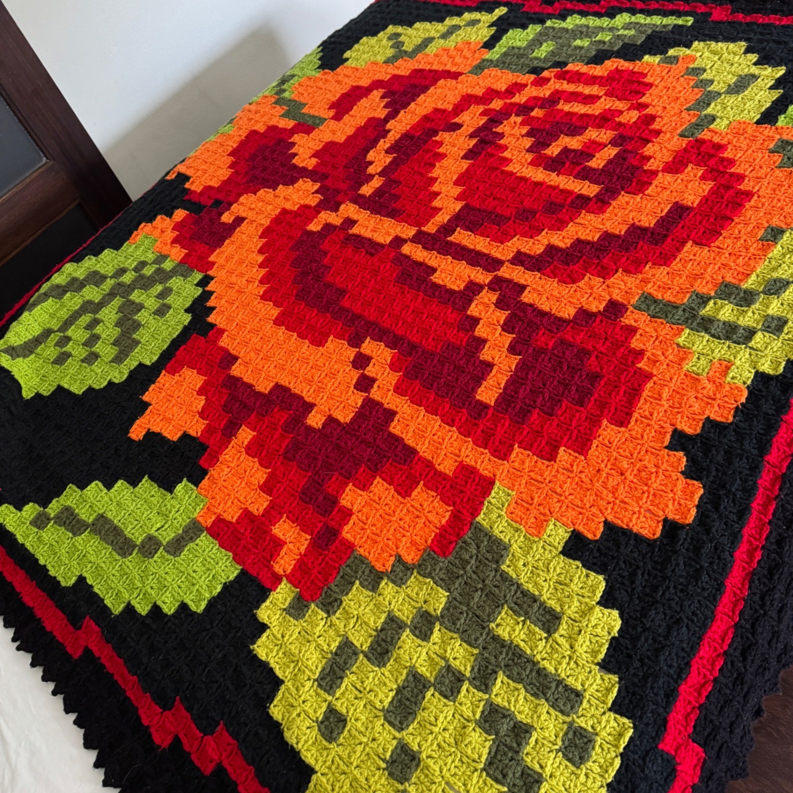 Handmade Crochet Rose Throw Blanket Black Red Orange Floral Pixel Afghan 72×70″
