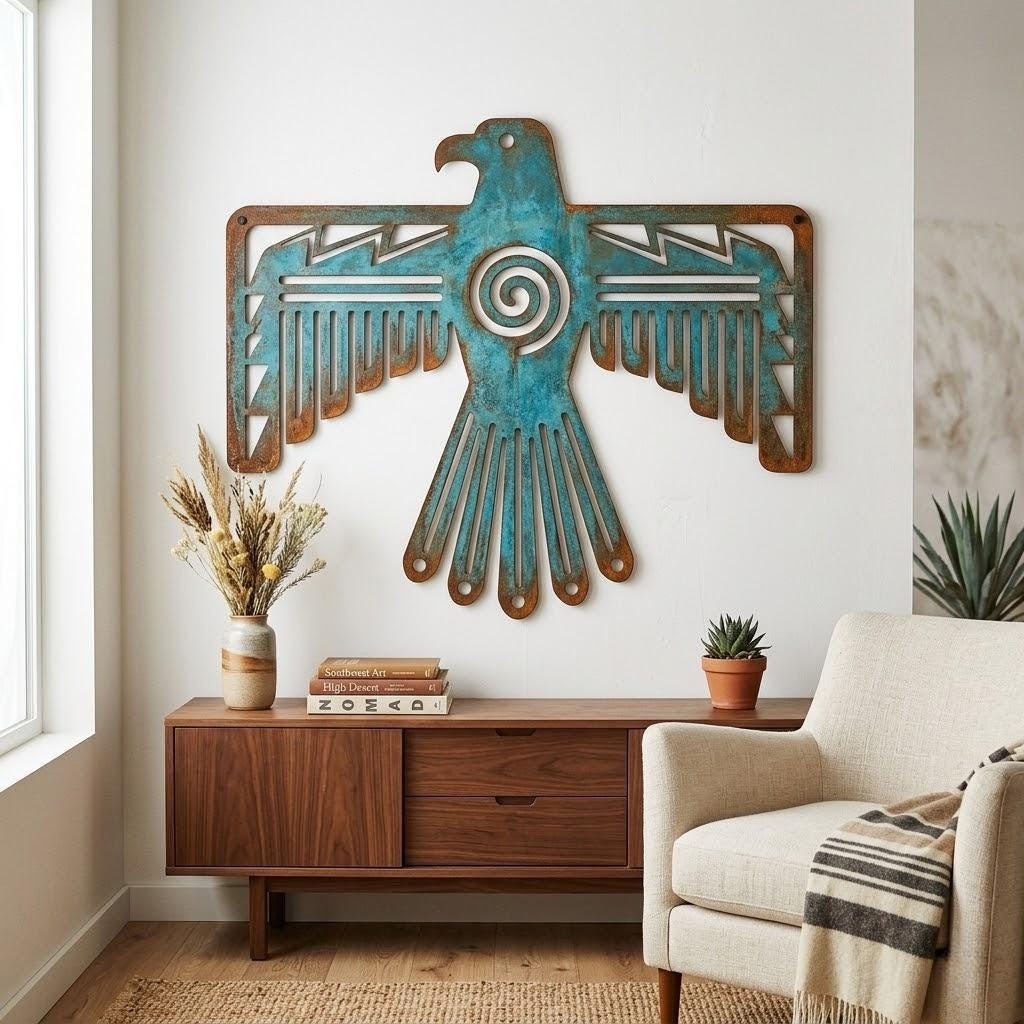 Southwestern Thunderbird Metal Wall Art, Turquoise Tribal Eagle Wall Decor
