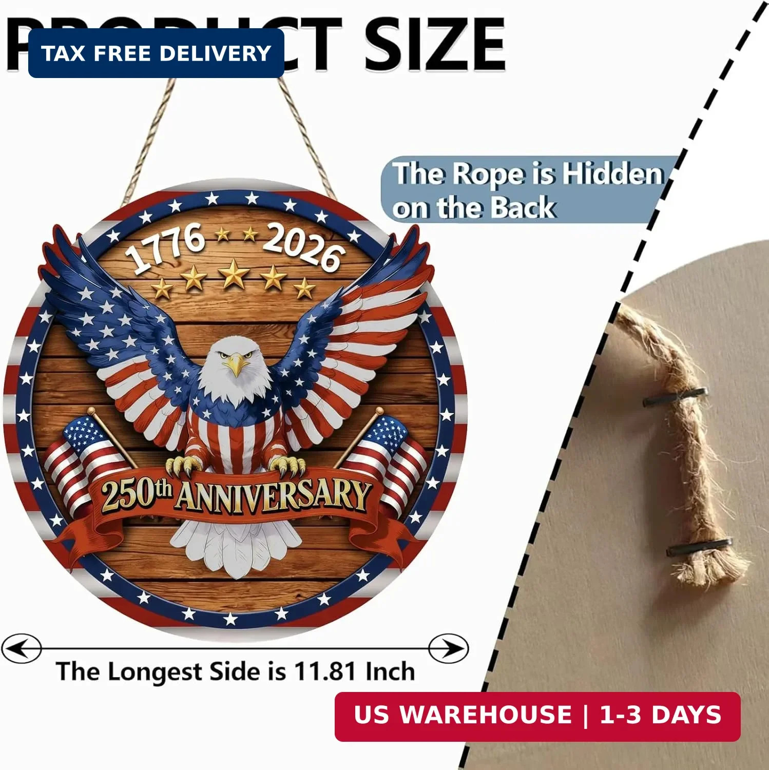 USA 250th Anniversary Decoration, Wooden 4th of July Eagle Door Sign 1776-2026